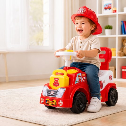 VINI TOYS Fire Fighter Ride-On Toy with LED Lights & Siren
