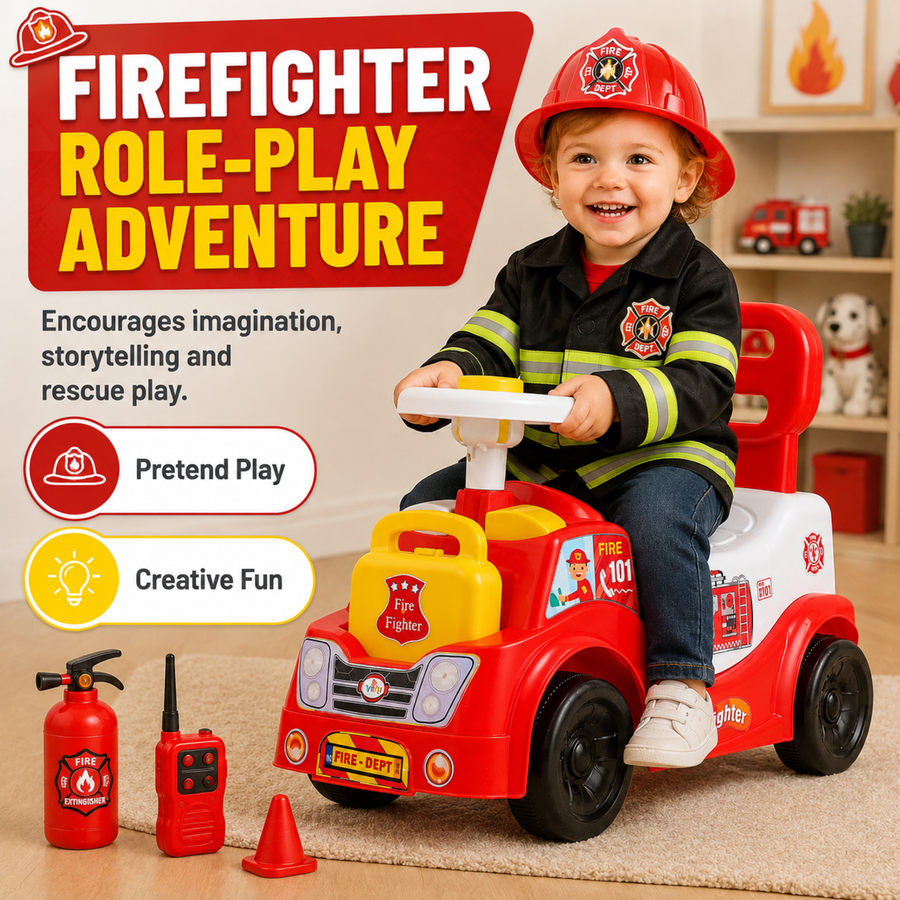 VINI TOYS Fire Fighter Ride-On Toy with LED Lights & Siren