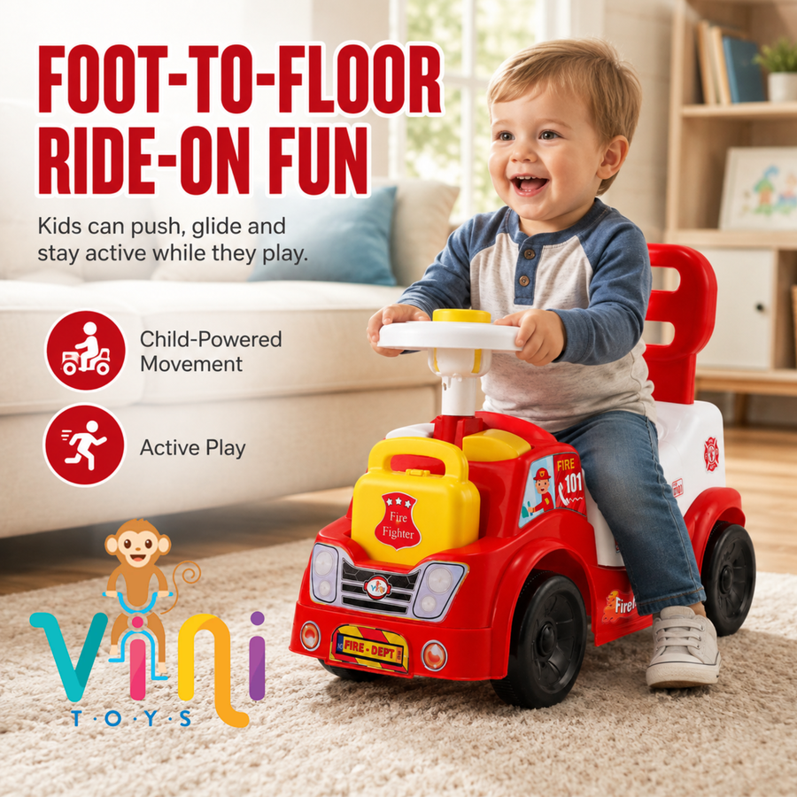 VINI TOYS Fire Fighter Ride-On Toy with LED Lights & Siren