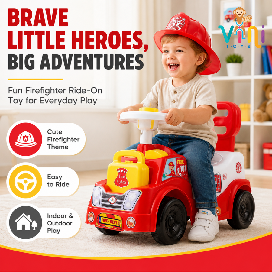 VINI TOYS Fire Fighter Ride-On Toy with LED Lights & Siren