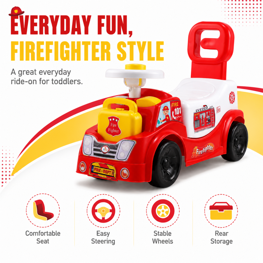 VINI TOYS Fire Fighter Ride-On Toy with LED Lights & Siren