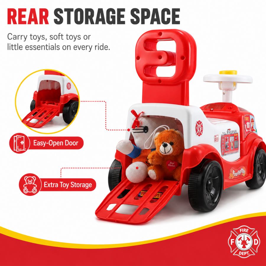 VINI TOYS Fire Fighter Ride-On Toy with LED Lights & Siren