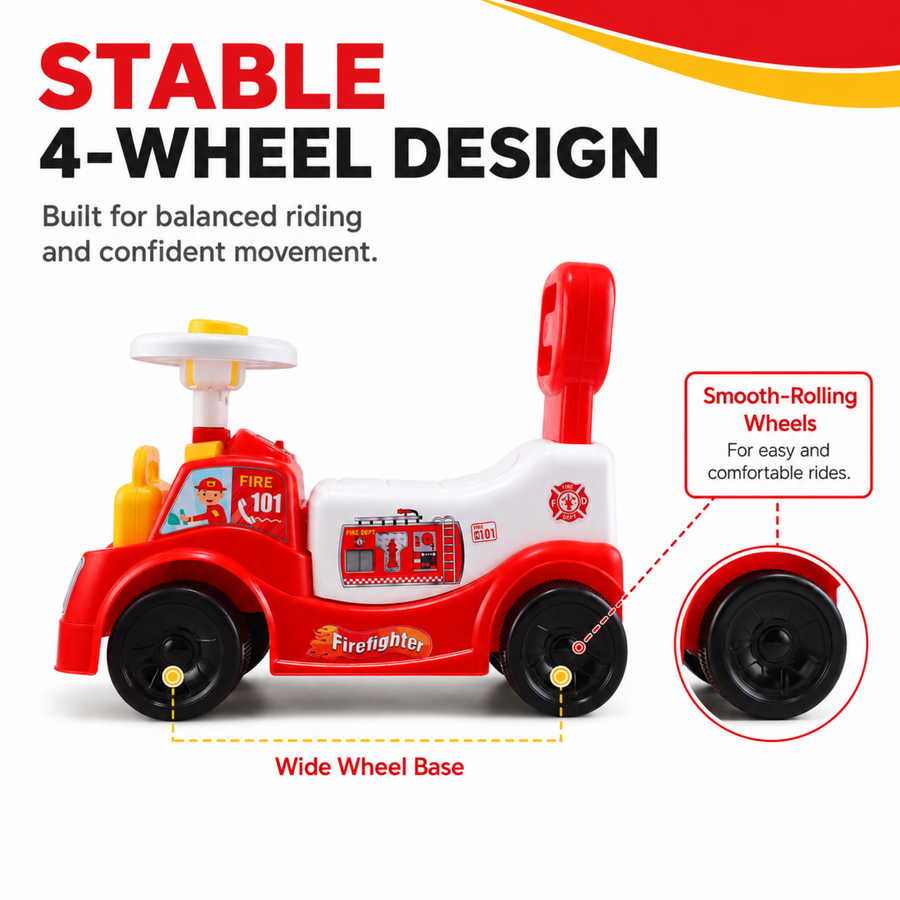 VINI TOYS Fire Fighter Ride-On Toy with LED Lights & Siren