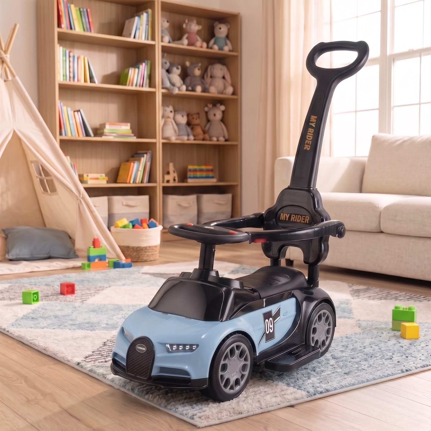 VINI TOYS Bugatti-Style Luxury Ride-On Car with Parent Handle