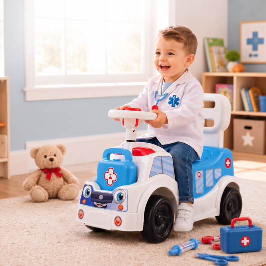 VINI TOYS Ambulance Ride-On Toy with LED Lights & Siren – White