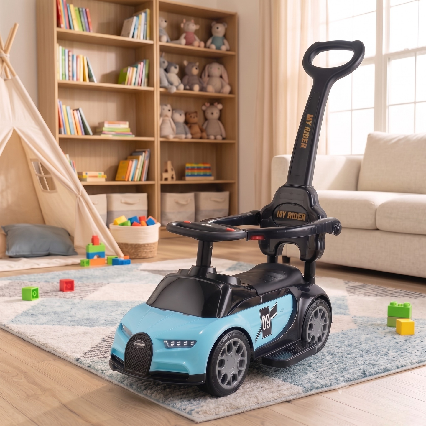 VINI TOYS Bugatti-Style Luxury Ride-On Car with Parent Handle