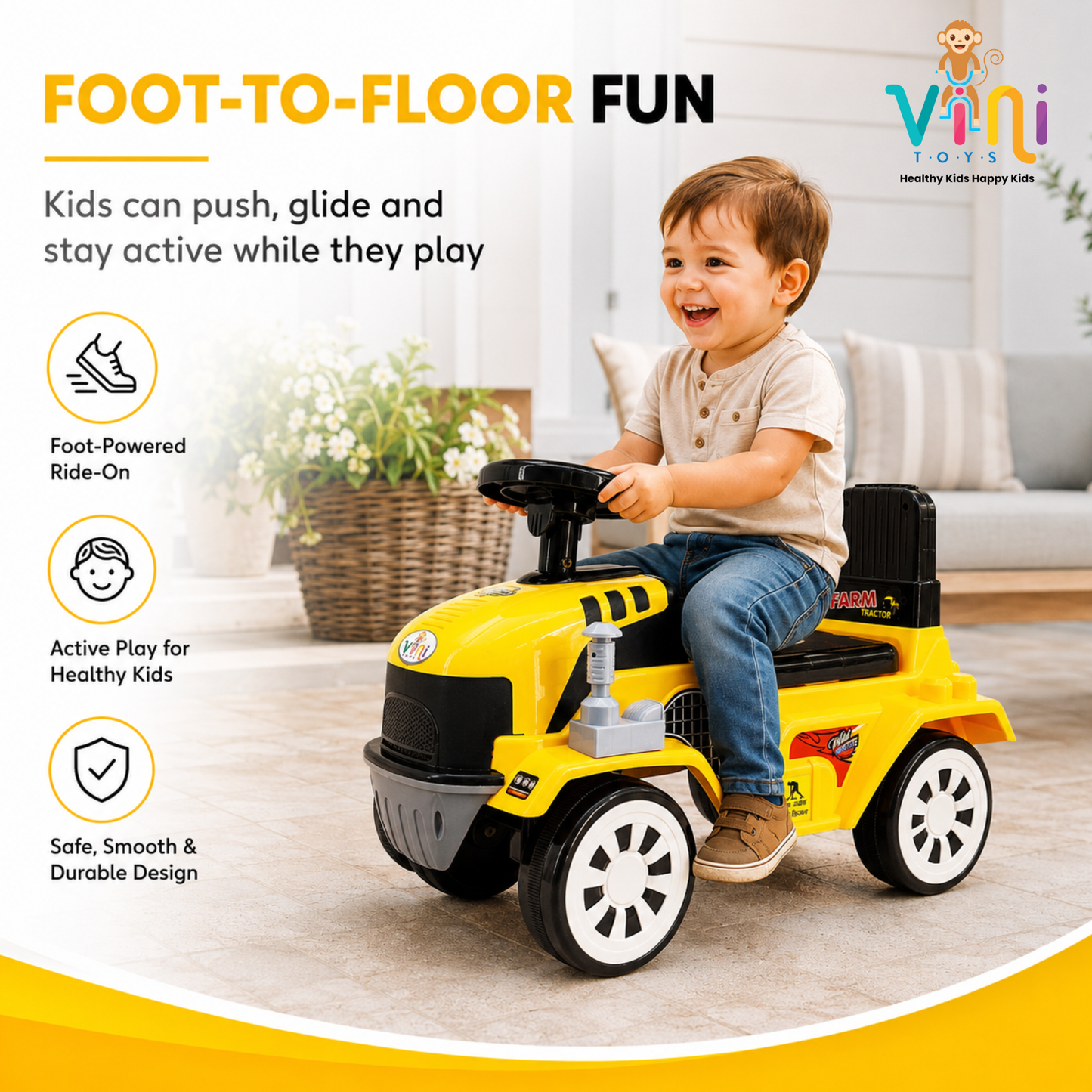VINI TOYS Farm Tractor Foot-to-Floor Ride-On Toy (Red)