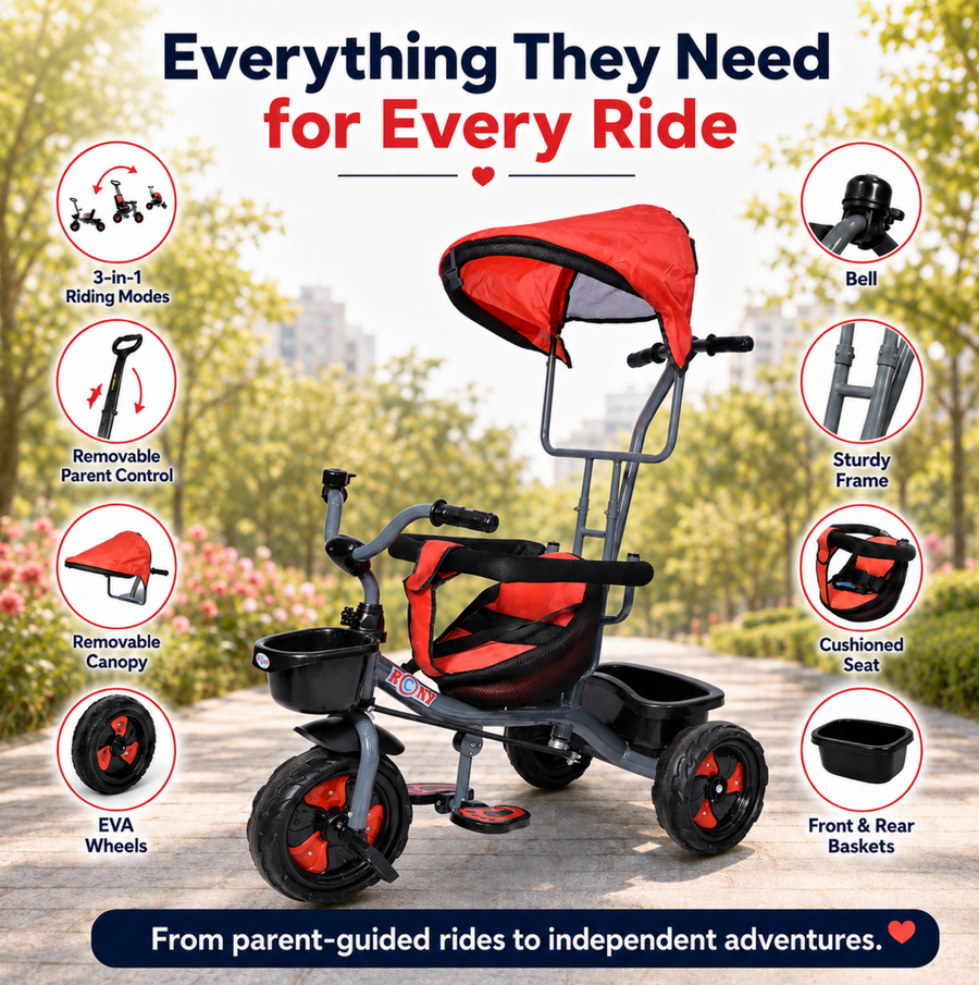 VINI TOYS Rocky DX Tricycle with Parent Handle & Canopy