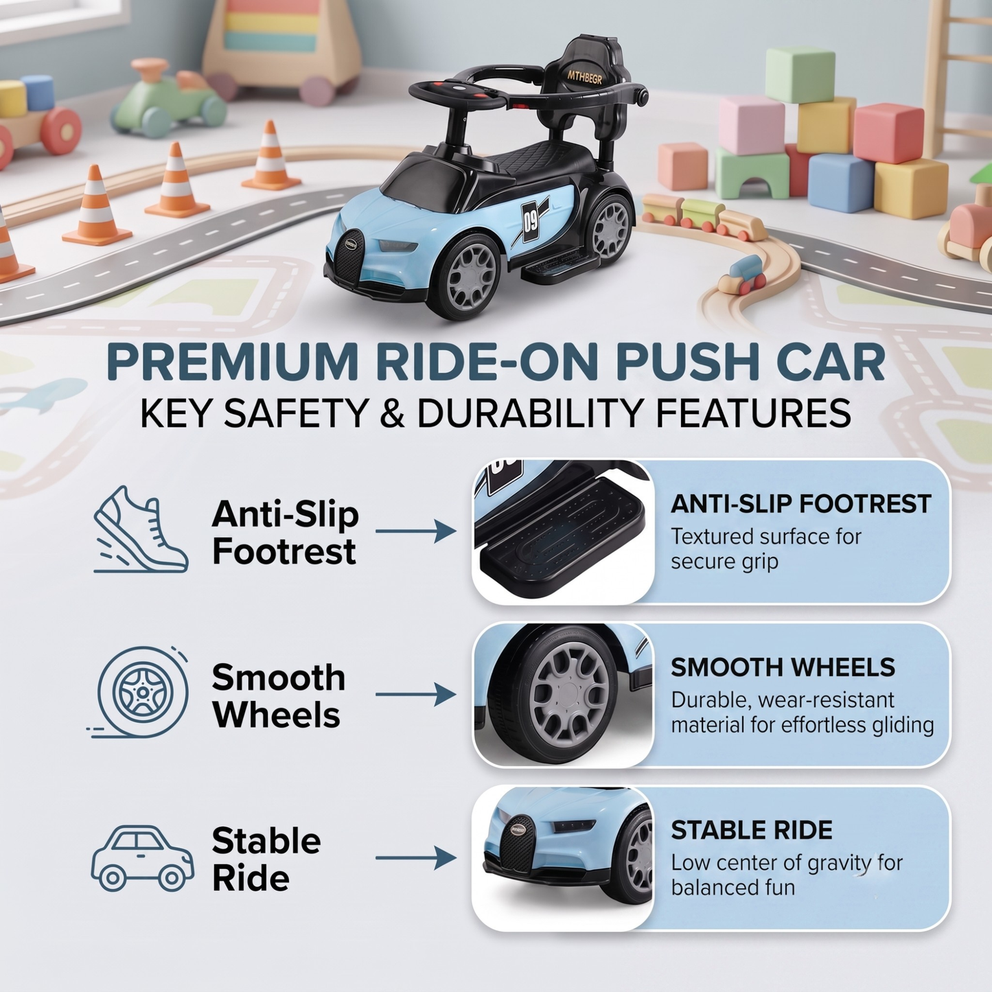 VINI TOYS Bugatti-Style Luxury Ride-On Car with Parent Handle