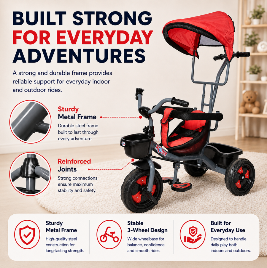 VINI TOYS Rocky DX Tricycle with Parent Handle & Canopy
