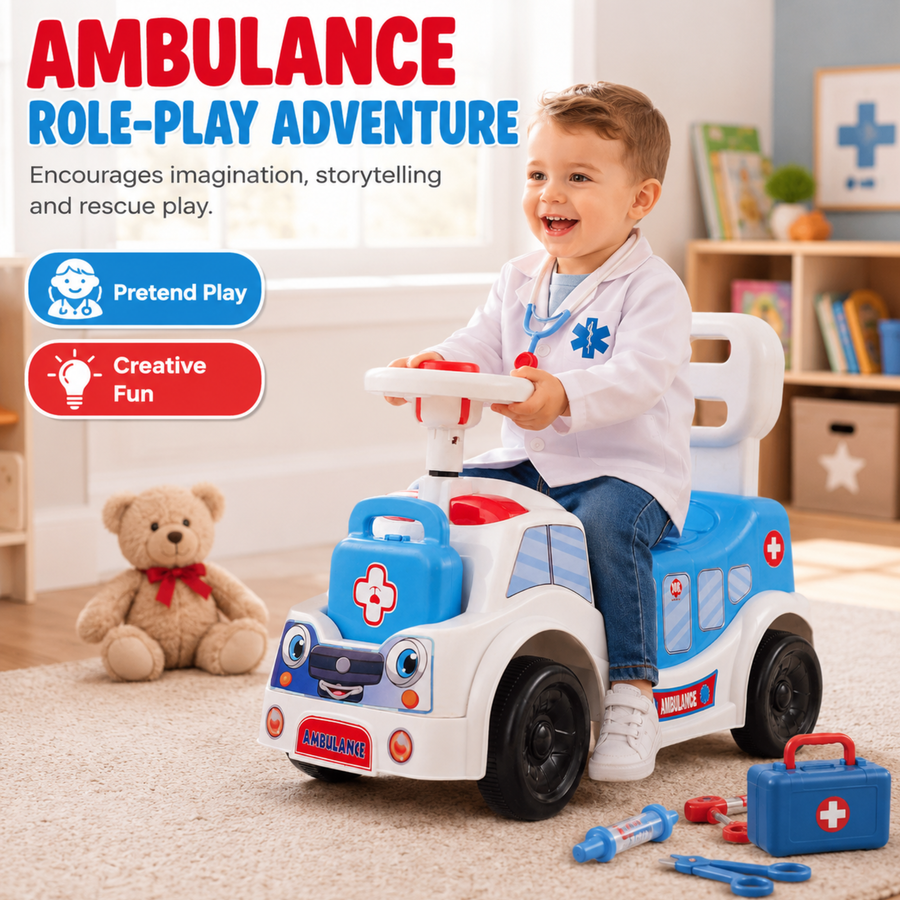 VINI TOYS Ambulance Ride-On Toy with LED Lights & Siren – White