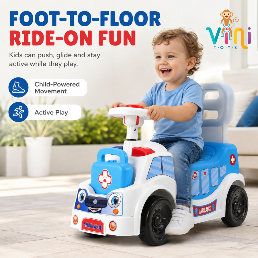 VINI TOYS Ambulance Ride-On Toy with LED Lights & Siren – White