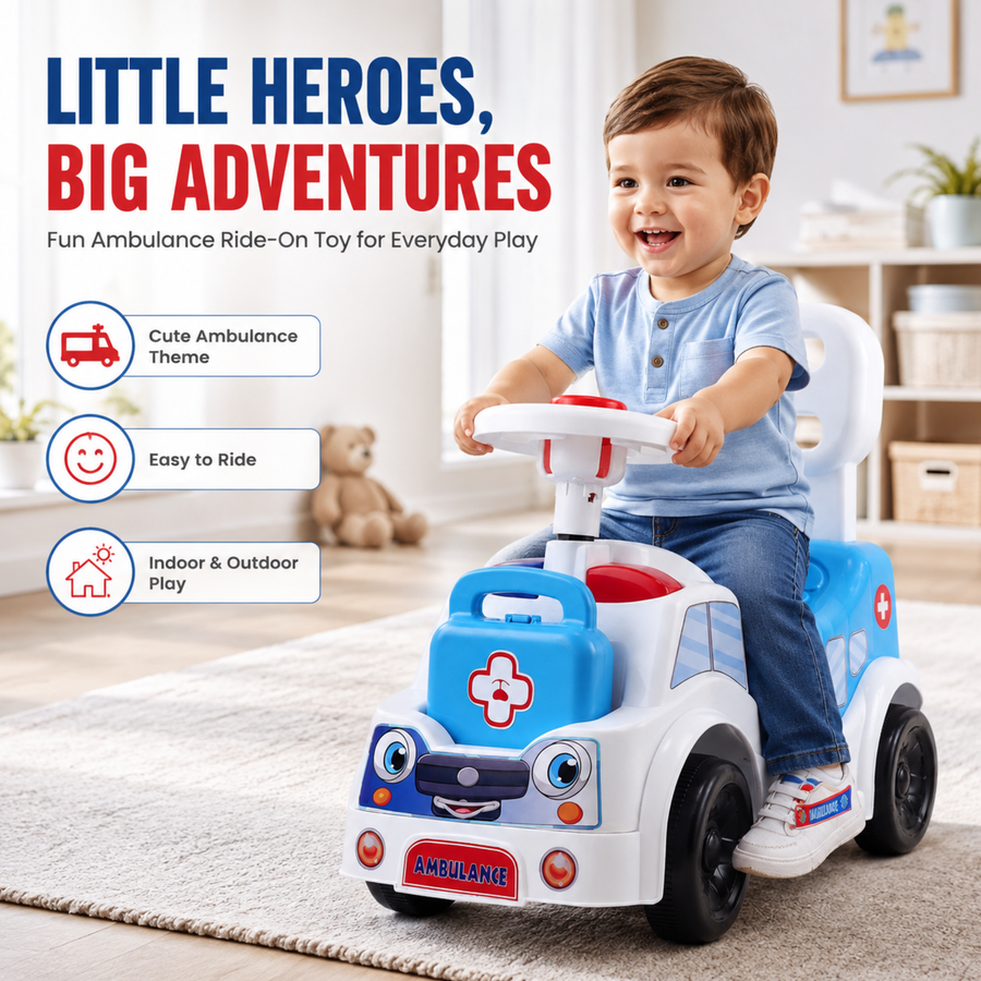 VINI TOYS Ambulance Ride-On Toy with LED Lights & Siren – White