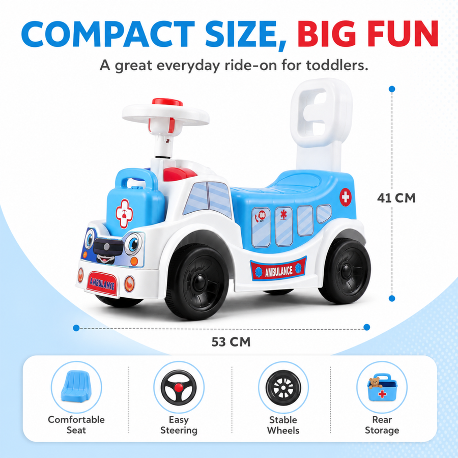 VINI TOYS Ambulance Ride-On Toy with LED Lights & Siren – White
