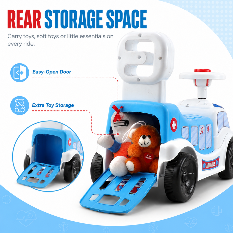 VINI TOYS Ambulance Ride-On Toy with LED Lights & Siren – White