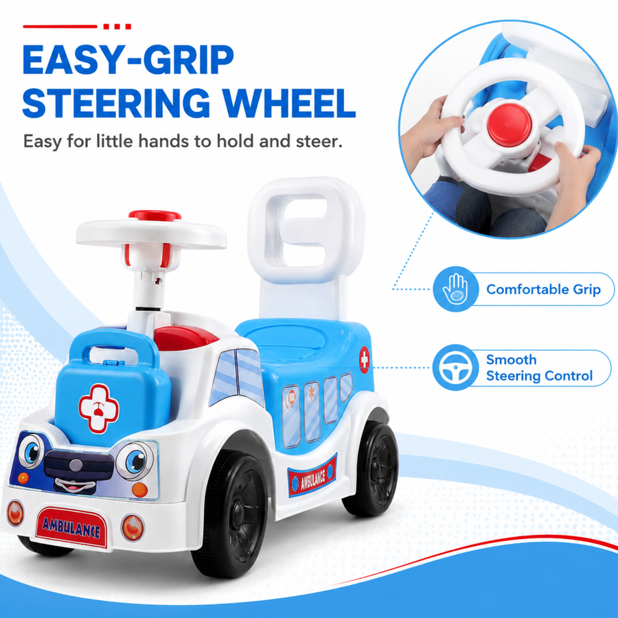 VINI TOYS Ambulance Ride-On Toy with LED Lights & Siren – White