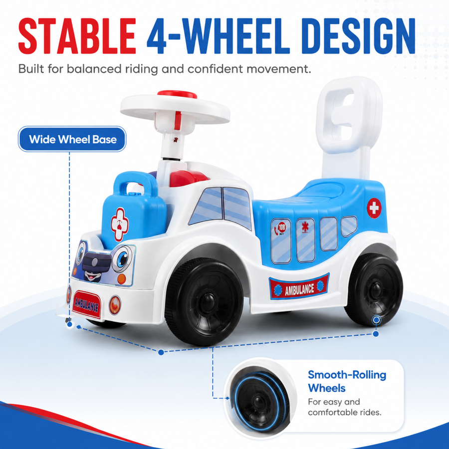 VINI TOYS Ambulance Ride-On Toy with LED Lights & Siren – White