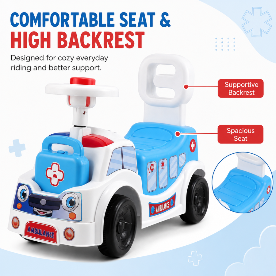 VINI TOYS Ambulance Ride-On Toy with LED Lights & Siren – White