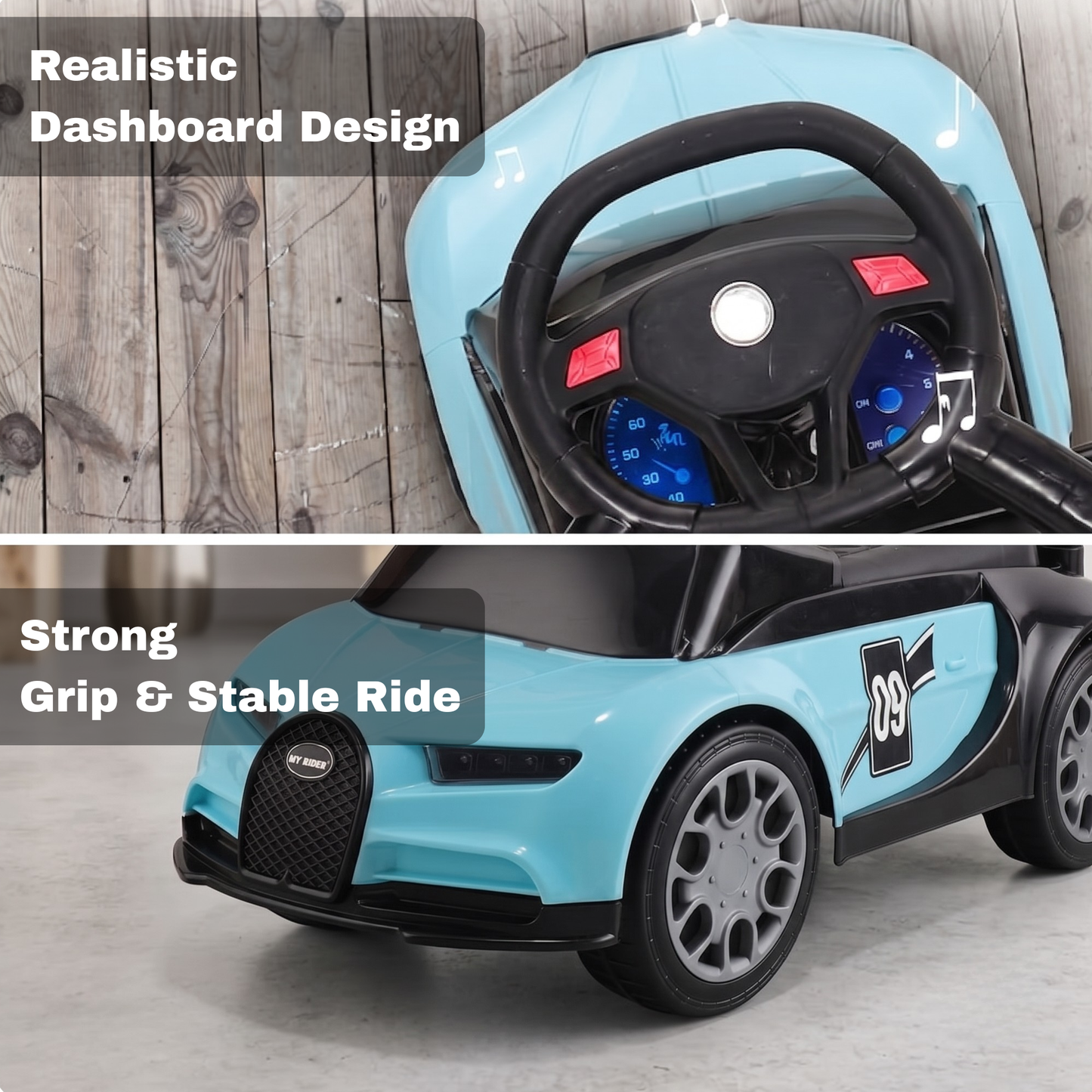 VINI TOYS Bugatti-Style Luxury Ride-On Car without Parent Handle