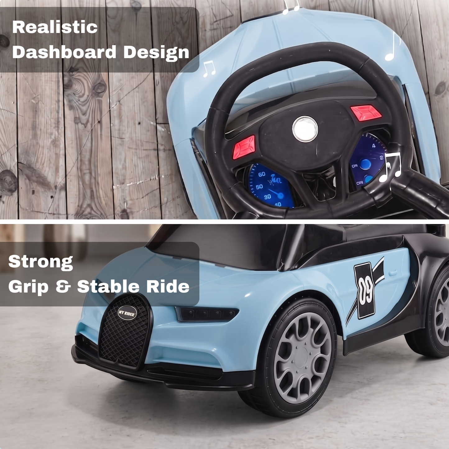 VINI TOYS Bugatti-Style Luxury Ride-On Car without Parent Handle