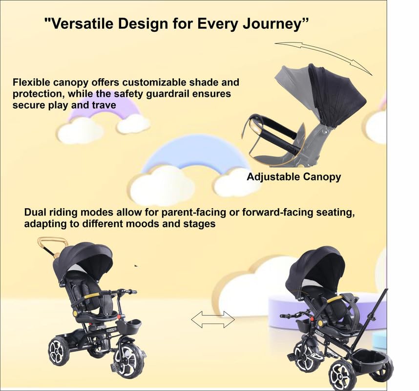 VINI TOYS 360° Recliner Tricycle with Parent Handle & Canopy