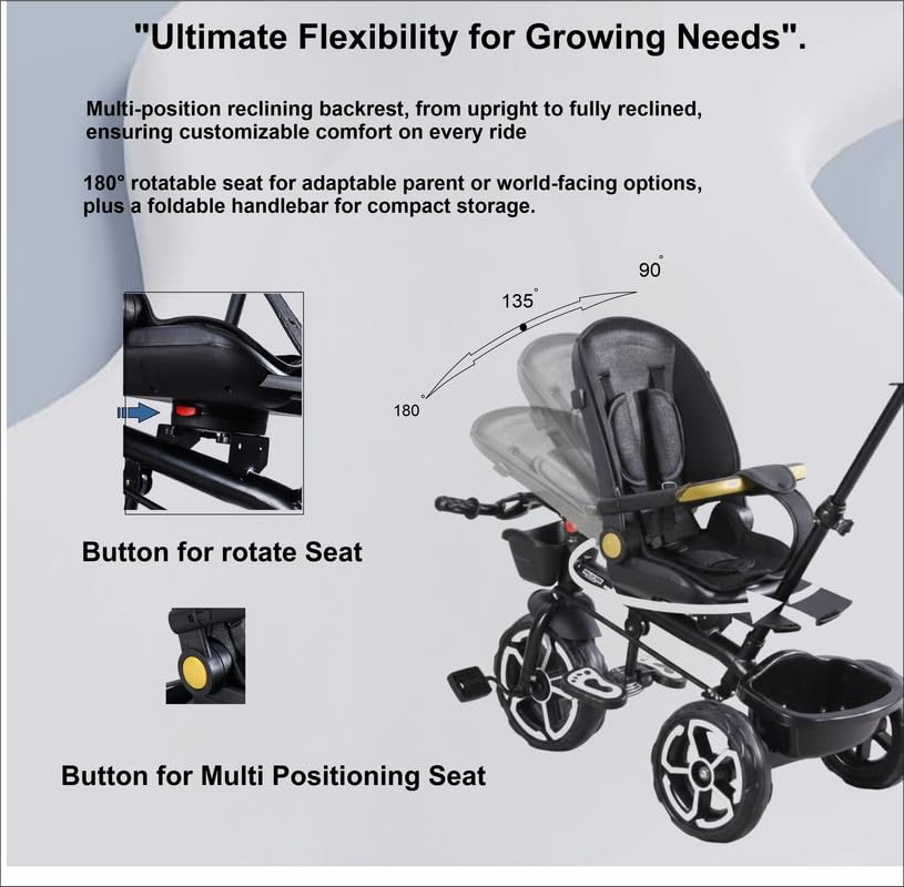 VINI TOYS 360° Recliner Tricycle with Parent Handle & Canopy