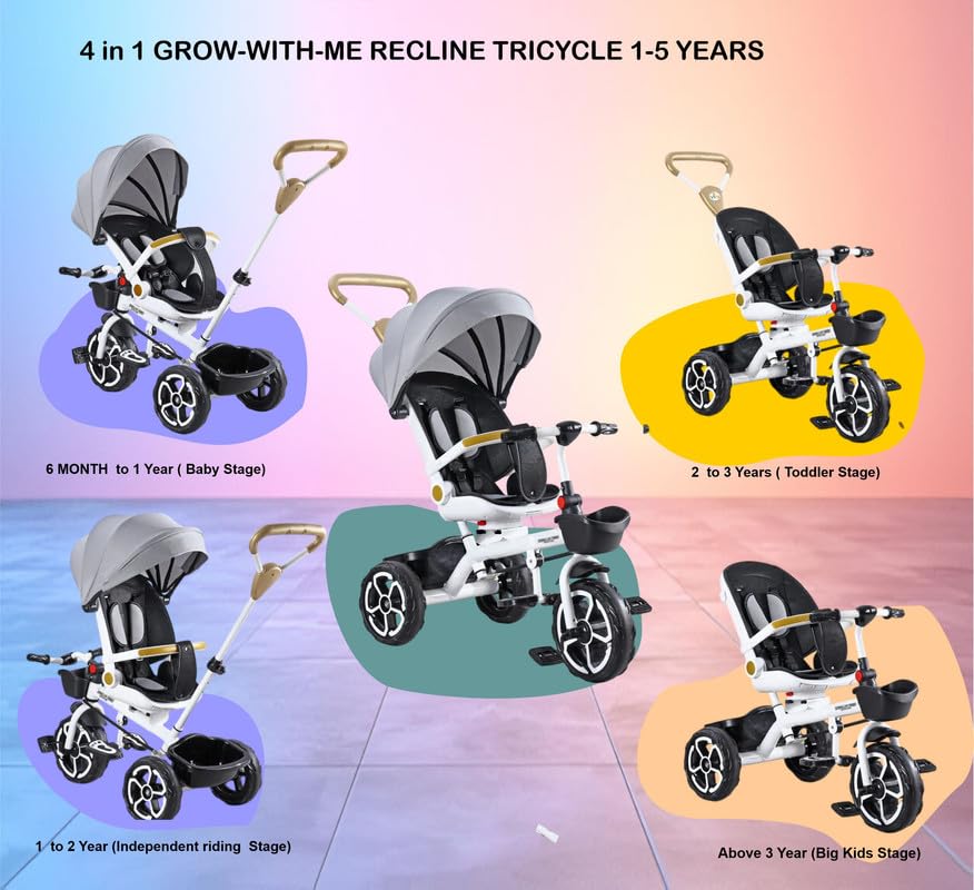 VINI TOYS 360° Recliner Tricycle with Parent Handle & Canopy