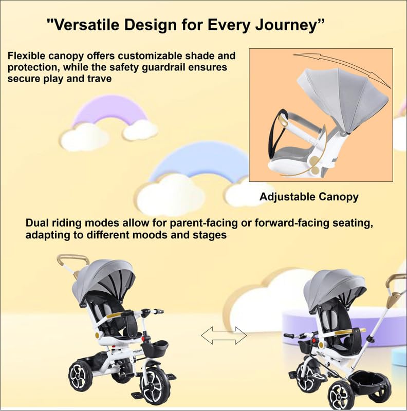 VINI TOYS 360° Recliner Tricycle with Parent Handle & Canopy