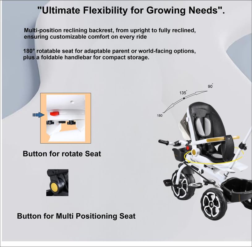 VINI TOYS 360° Recliner Tricycle with Parent Handle & Canopy
