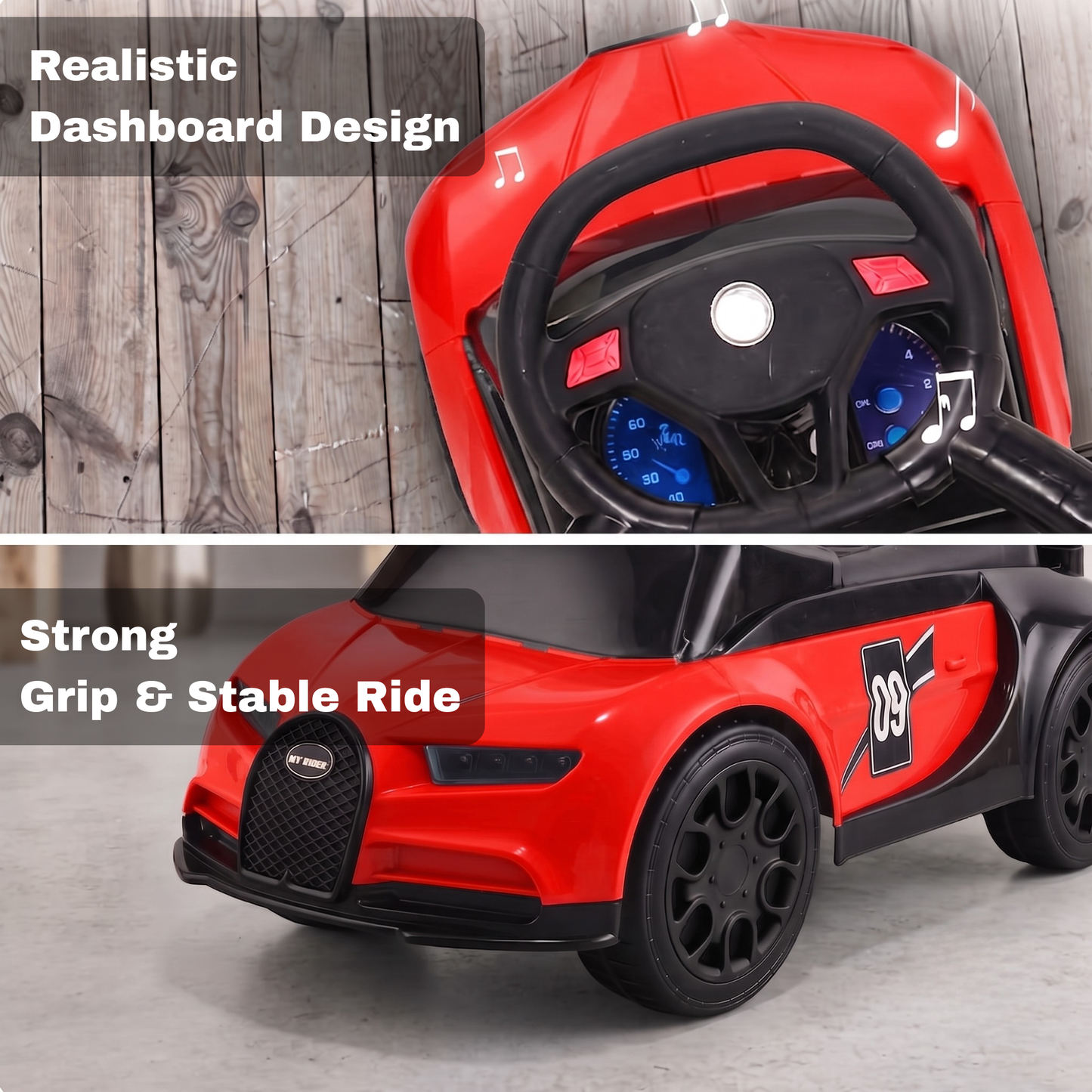 VINI TOYS Bugatti-Style Luxury Ride-On Car without Parent Handle